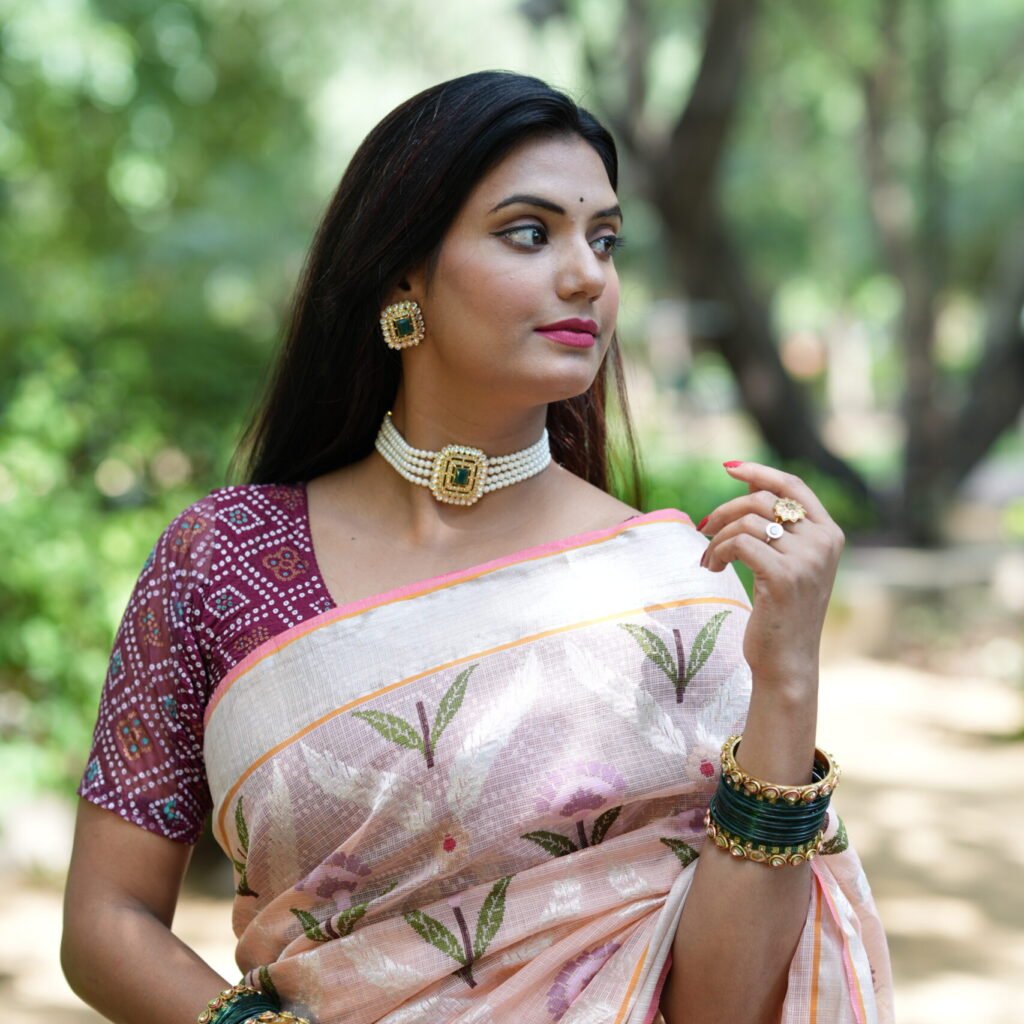 Peach Jal Kota Doria Zari Saree