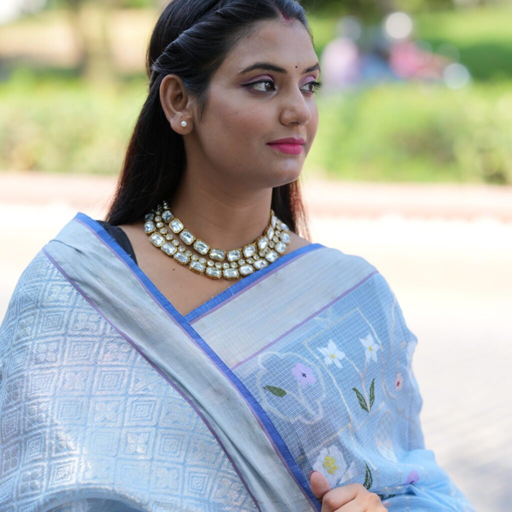 Light Blue Jal Kota Doria Zari Saree