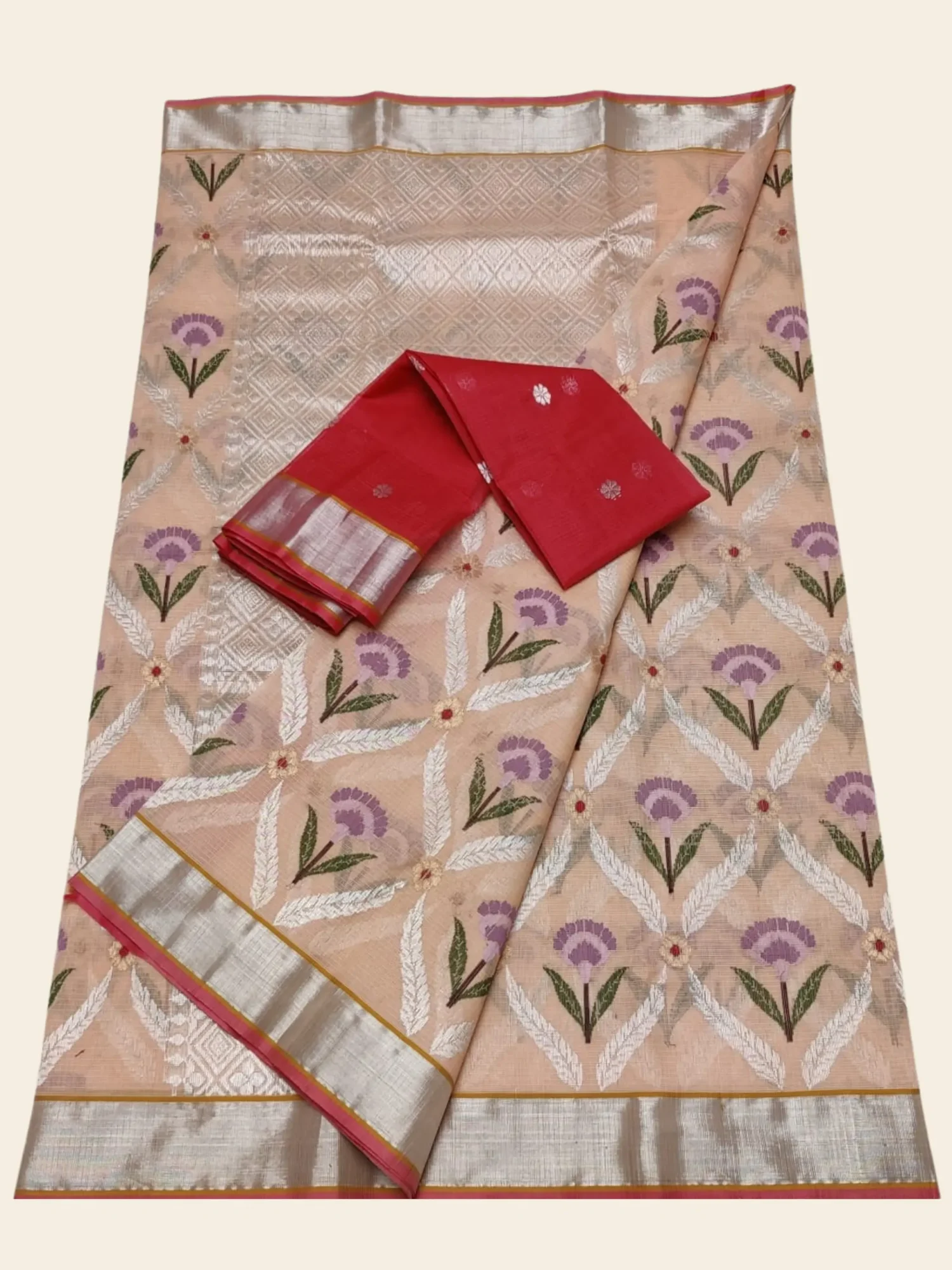 Peach Jal Kota Doria Saree All View