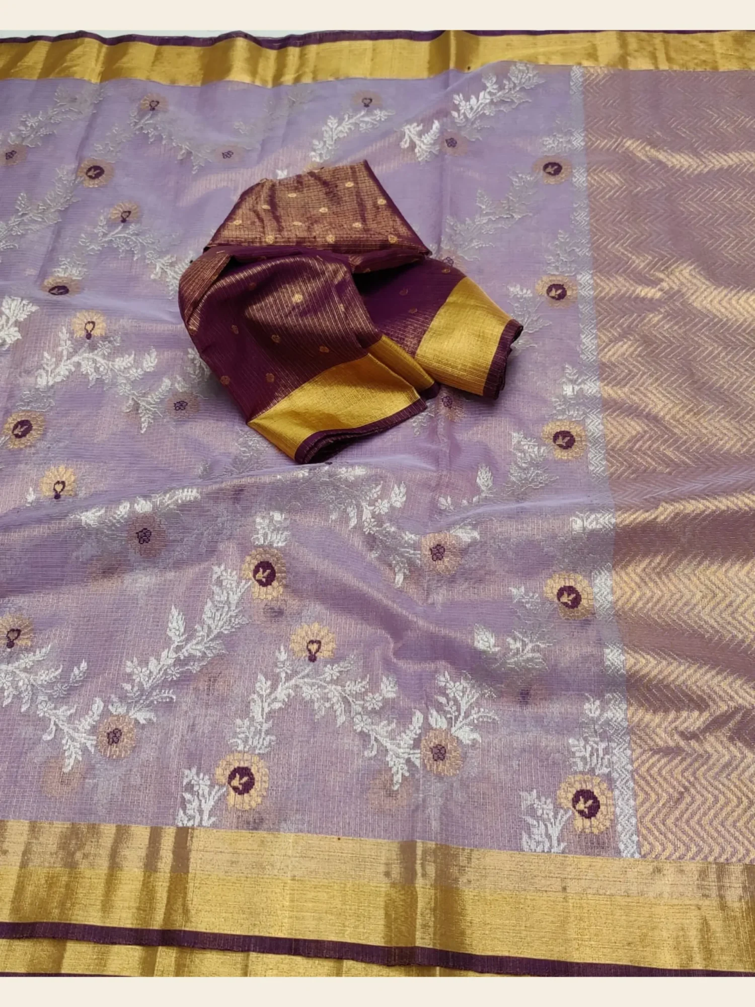 Light Purple Tissue Kota Doria Zari Saree Pattern