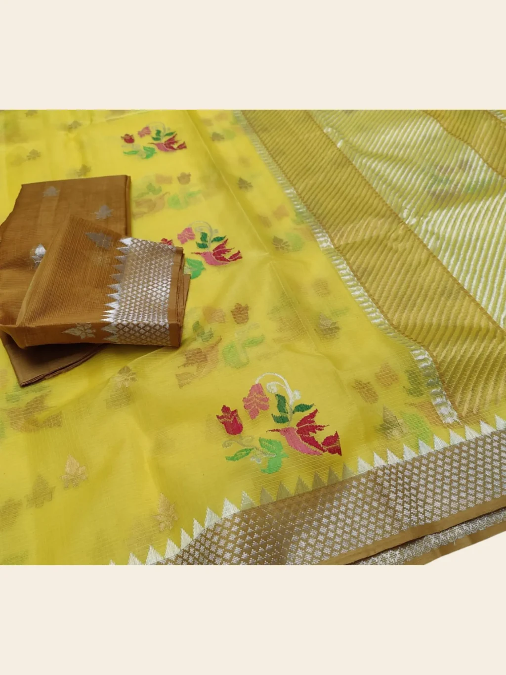 Yellow Jal Kota Doria Zari Saree Side Angel