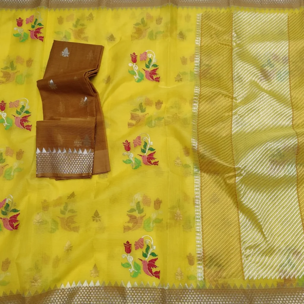 Yellow Jal Kota Doria Zari Saree with Pure Silver & Gold Zari