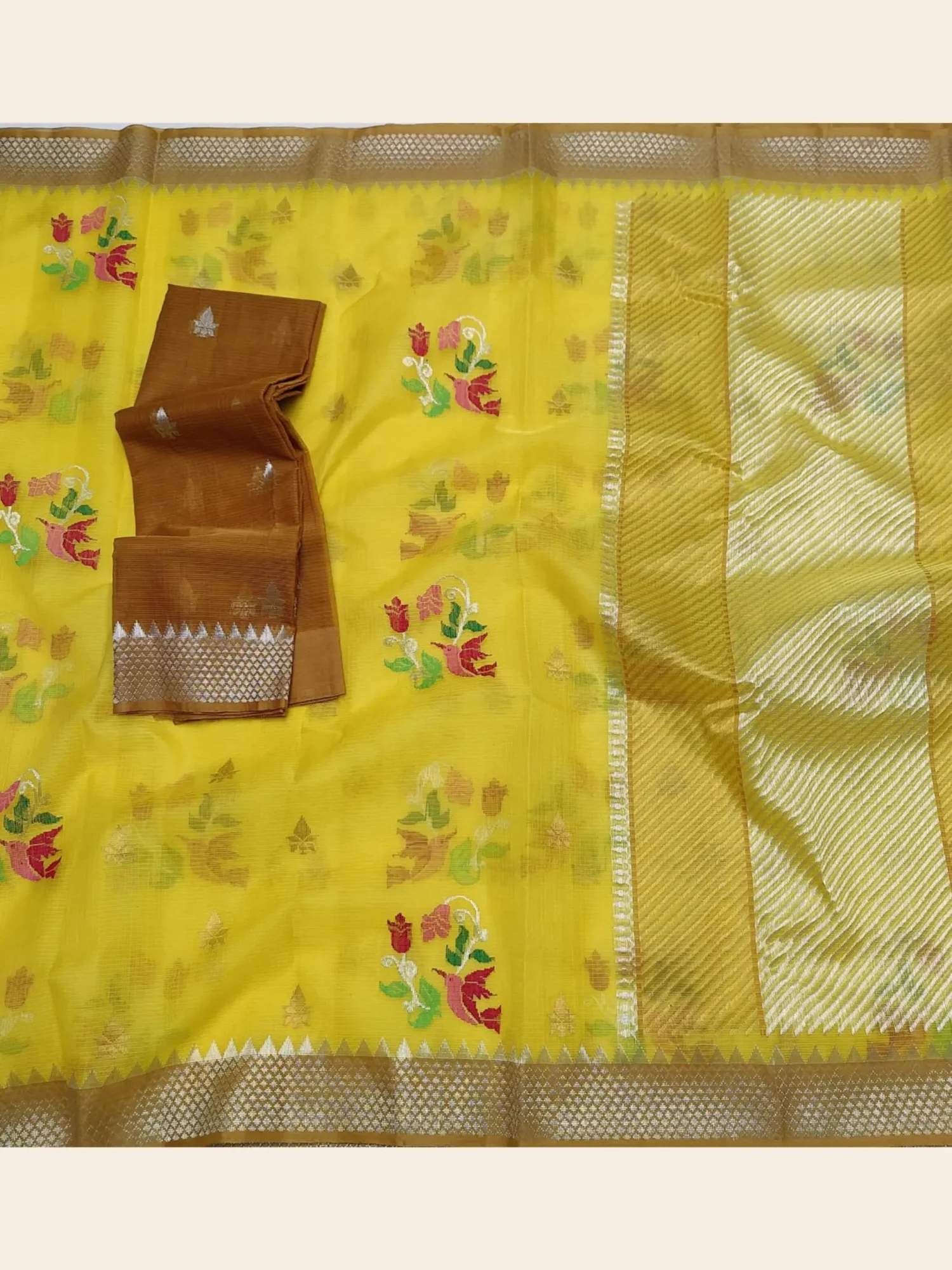 Yellow Jal Kota Doria Zari Saree with Pure Silver & Gold Zari