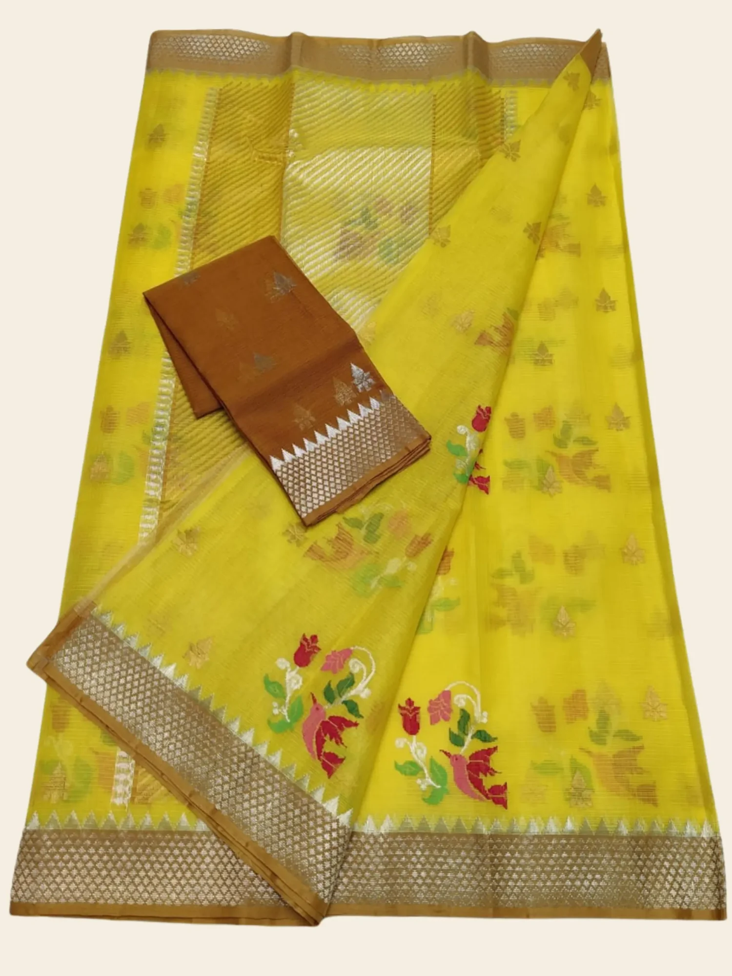 Yellow Jal Kota Doria Zari Saree Vertical View