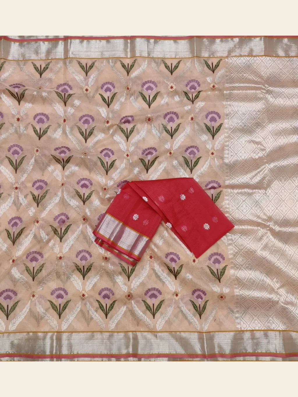 Peach Jal Kota Doria Saree Main View