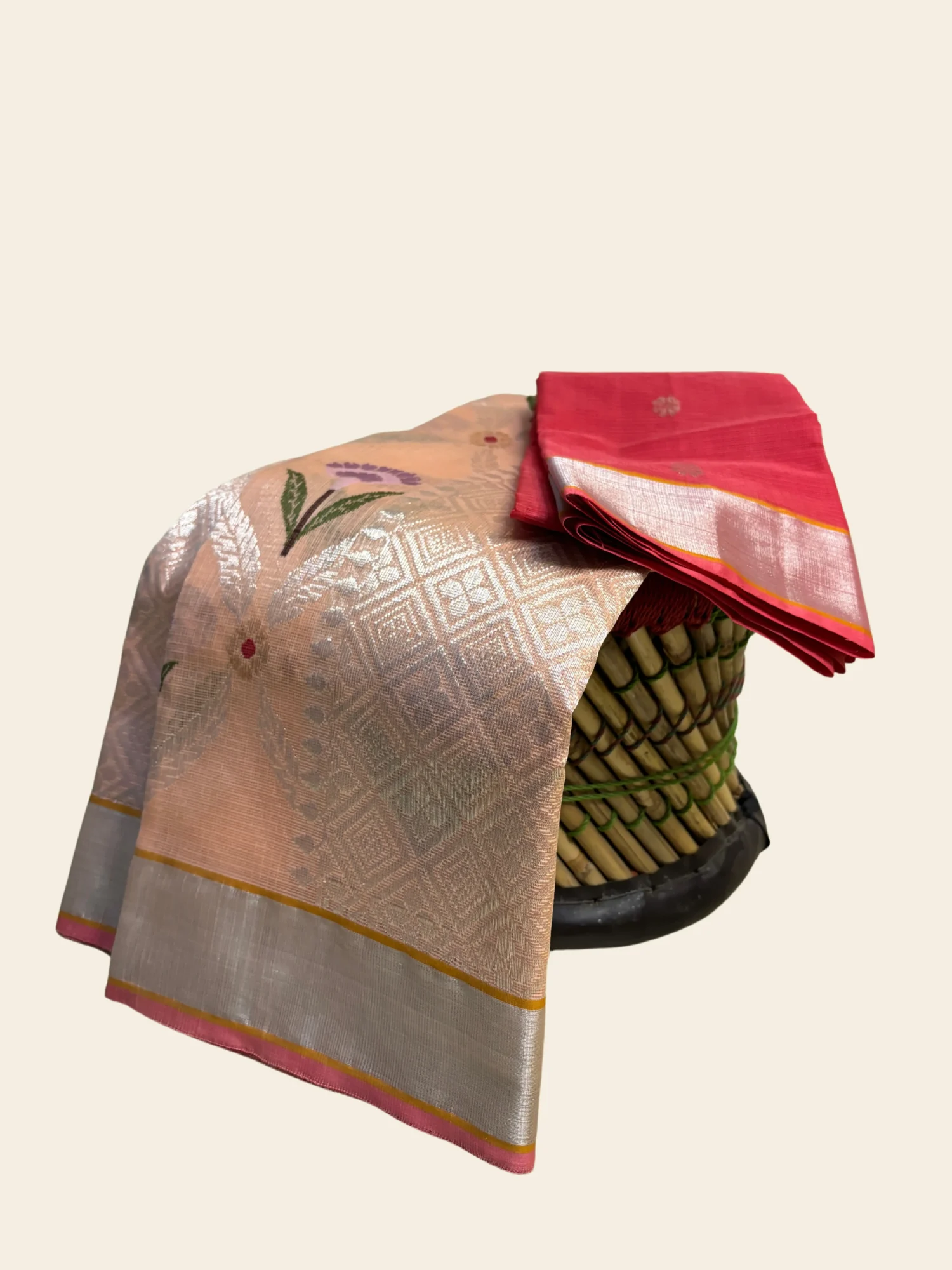 Peach Jal Kota Doria Zari Saree